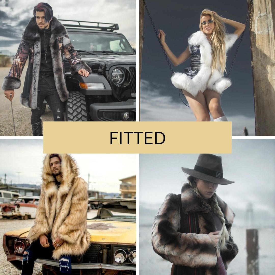 Showcasing vibrant festival-ready fitted faux fur coats for men and women. Each coat features unique designs perfect for events like Burning Man, offering both style and warmth in various settings.