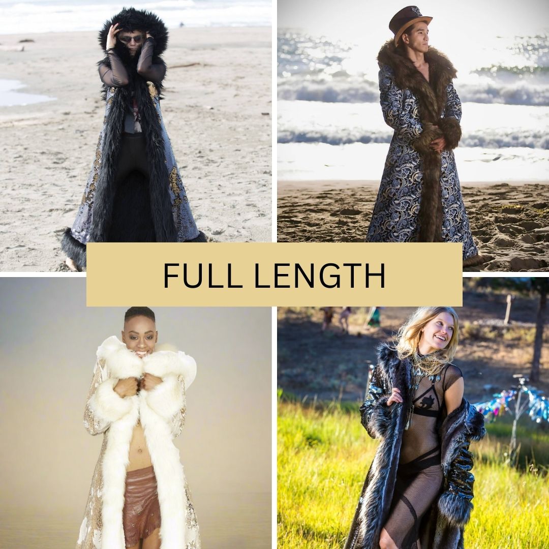 Showcasing full-length faux fur coats for men and women. Each coat features unique and stylish designs perfect for festivals like Burning Man, offering warmth and luxury in various vibrant settings.