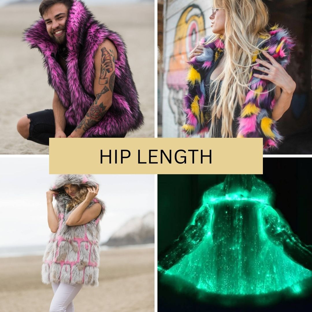 Showcasing vibrant hip-length faux fur coats perfect for festivals. Featuring custom designs, these coats offer unique patterns and styles for both men and women, ideal for events like Burning Man.