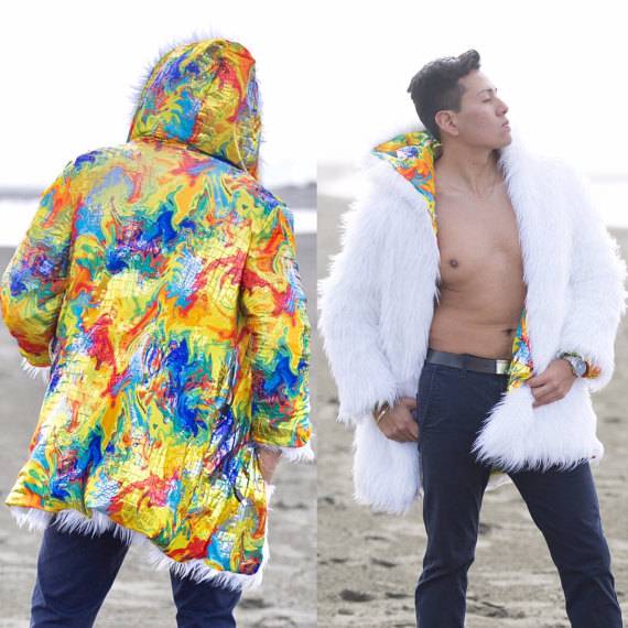 Glitch Smart Burning Man Fur Coat with 300 LEDs (RGB, TCL) | Playa Wear Badass Jacket Glow At night LED Clothes
