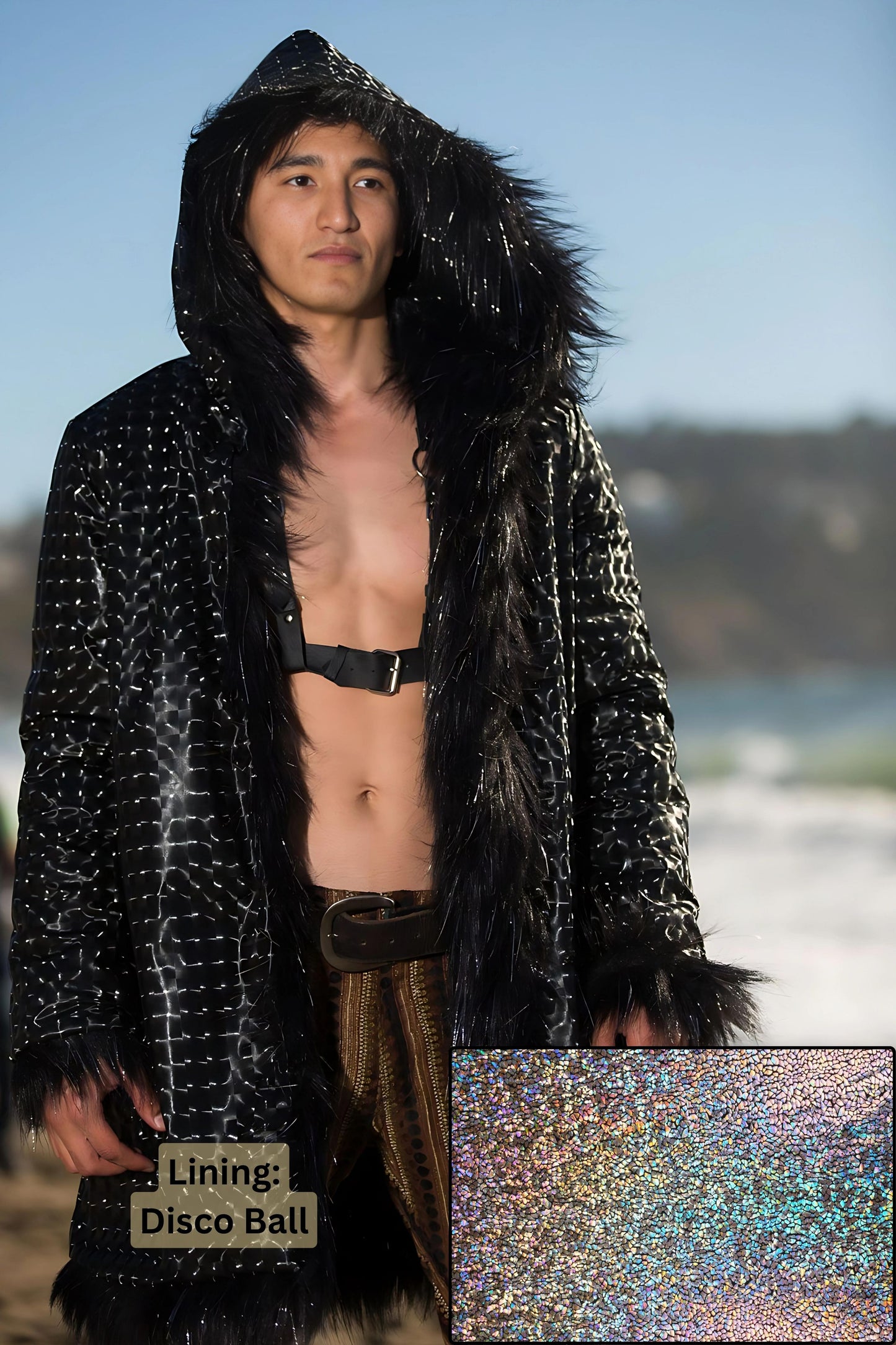 Cyberman - Faux Fur Coat for Festivals - Boho Coats - Lining - Disco Ball