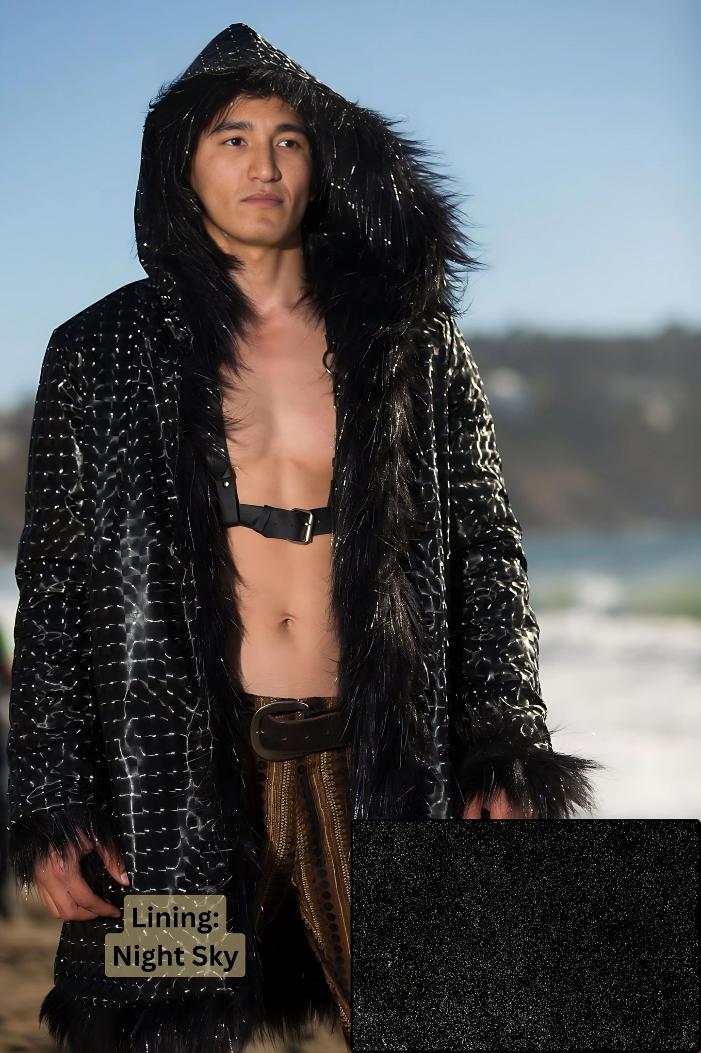 Cyberman - Faux Fur Coat for Festivals - Boho Coats - Lining - Night Sky