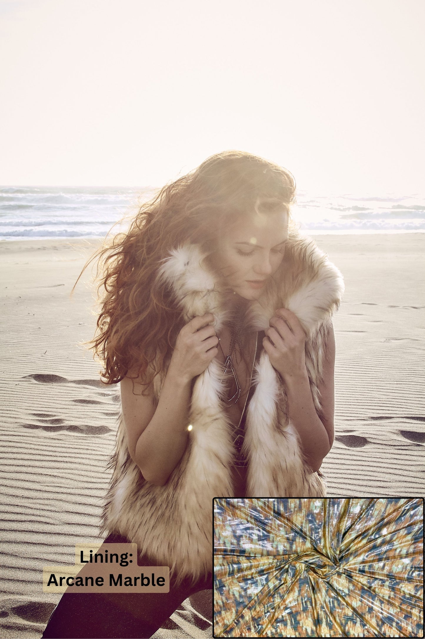 Fox Tribe Vest - Faux Fur Coat for Festivals - Boho Coats - Front - Lining - Arcane Marble