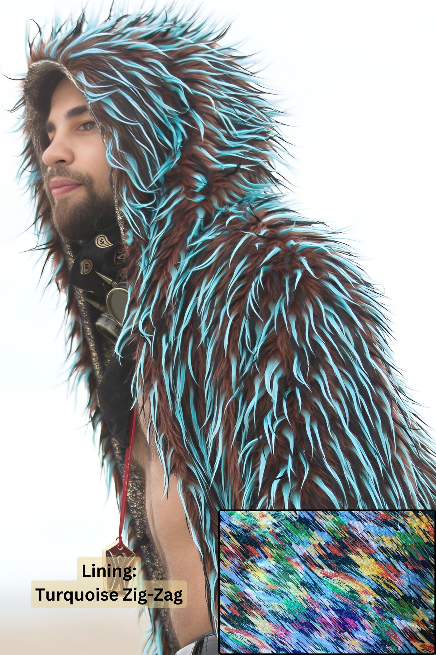 Gypsy Soul - Faux Fur Coat for Festivals - Boho Coats - Lining - Turquoise Zig-Zag - Front