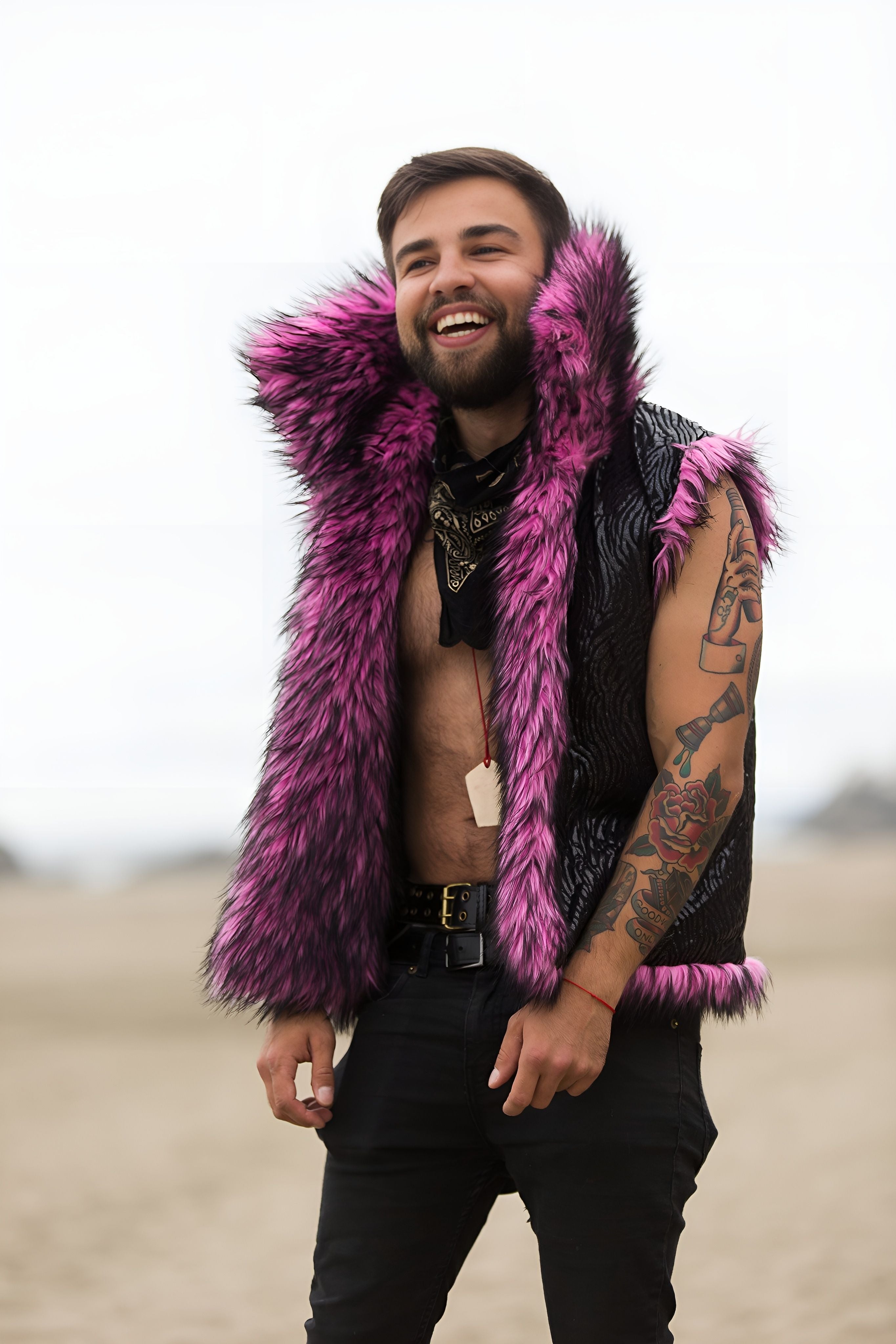 Pink Panther Faux Fur Vest for Festivals Burning Man Boho Coats