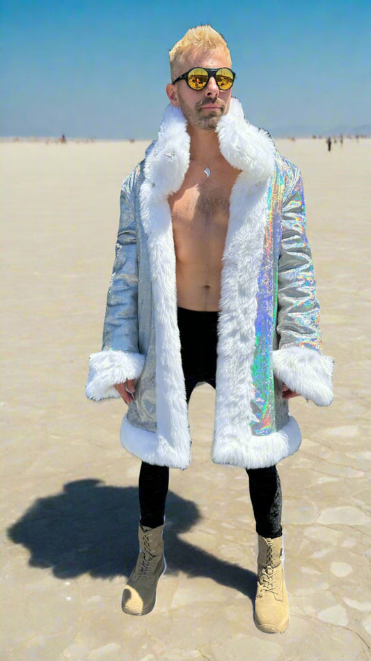 Side view of Polar Wolf Fur Coat with luxurious white faux fur, worn by a man with blond hair and sunglasses, against a dark background.