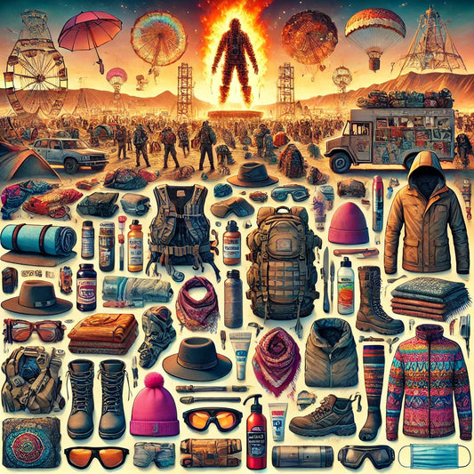 Collage of Burning Man 2024 essentials: clothing, hydration packs, food, canopies, sleeping bags, headlamps, LED lights, goggles, face masks, and waterproof boots.