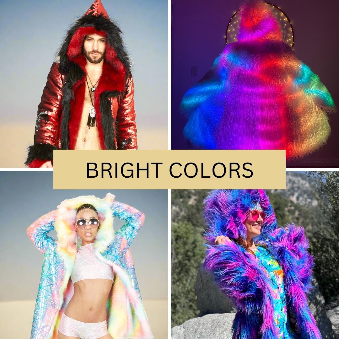 Bright Colors Faux Fur Coats: Vibrant and eye-catching custom designs perfect for festivals like Burning Man. Stand out in our unique, colorful faux fur coats that offer both warmth and style. Ideal for those who love bold, expressive fashion.