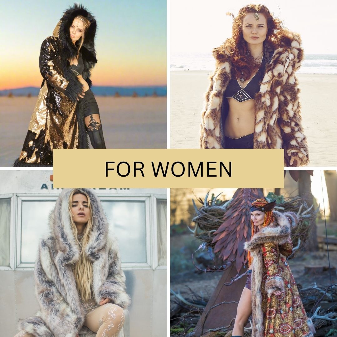 Explore our custom women’s faux fur coats, perfect for festivals like Burning Man. Featuring vibrant designs, each hip-length coat offers unique patterns and luxurious comfort. Stand out in style and warmth with our festival-ready coats.