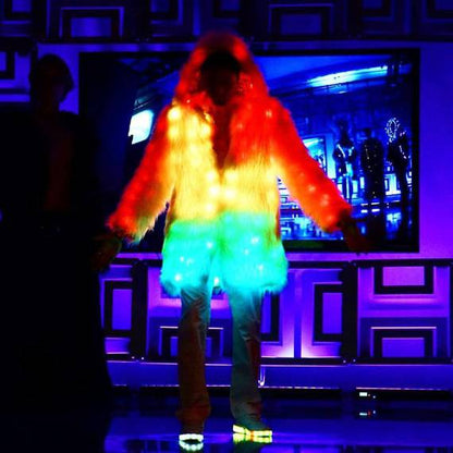 Glitch Smart Burning Man Fur Coat with 300 LEDs (RGB, TCL) | Playa Wear Badass Jacket Glow At night LED Clothes