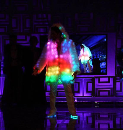 Glitch Smart Burning Man Fur Coat with 300 LEDs (RGB, TCL) | Playa Wear Badass Jacket Glow At night LED Clothes