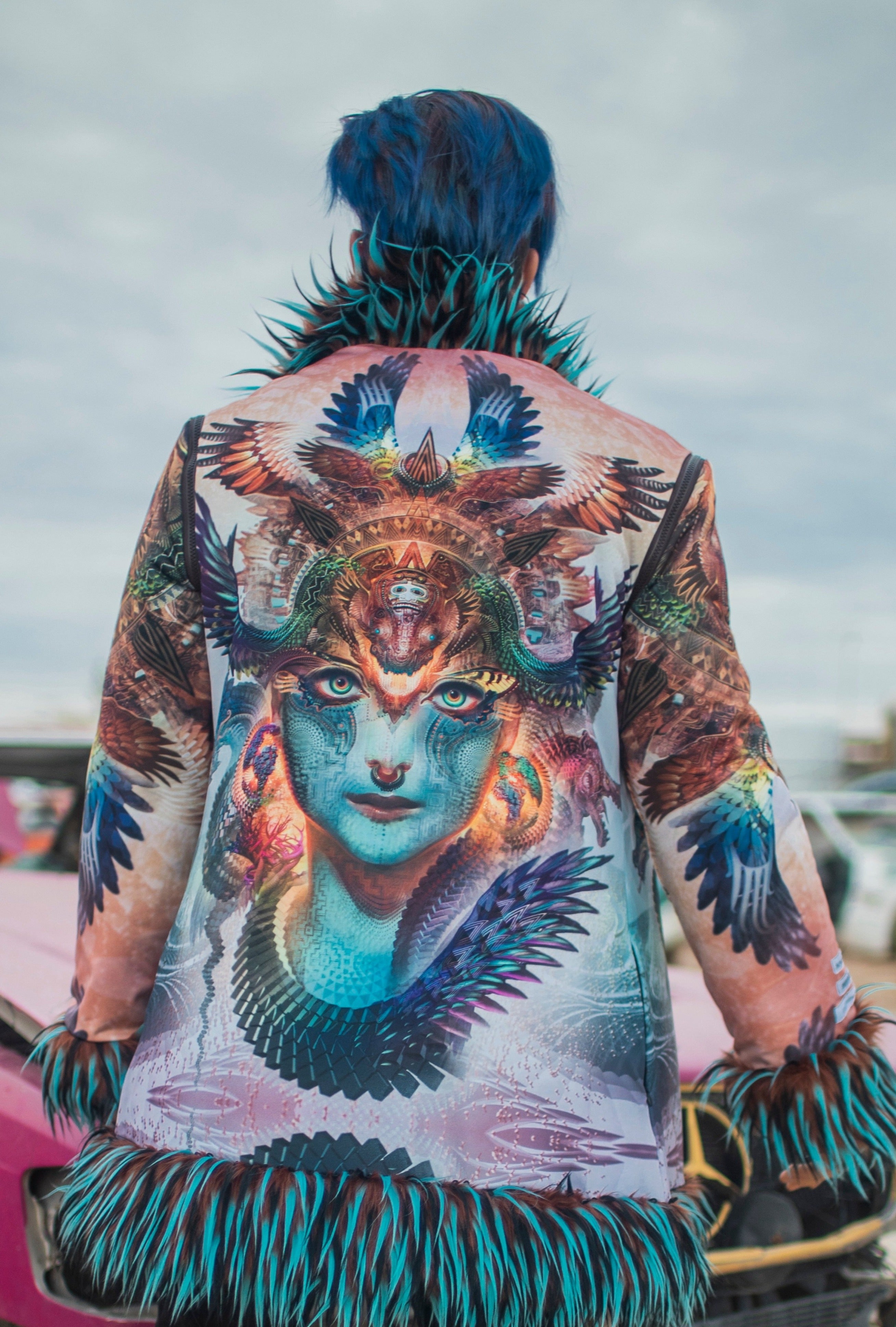Blue Dharma Dragon - Custom Faux Fur Coat for Festivals – Boho Coats