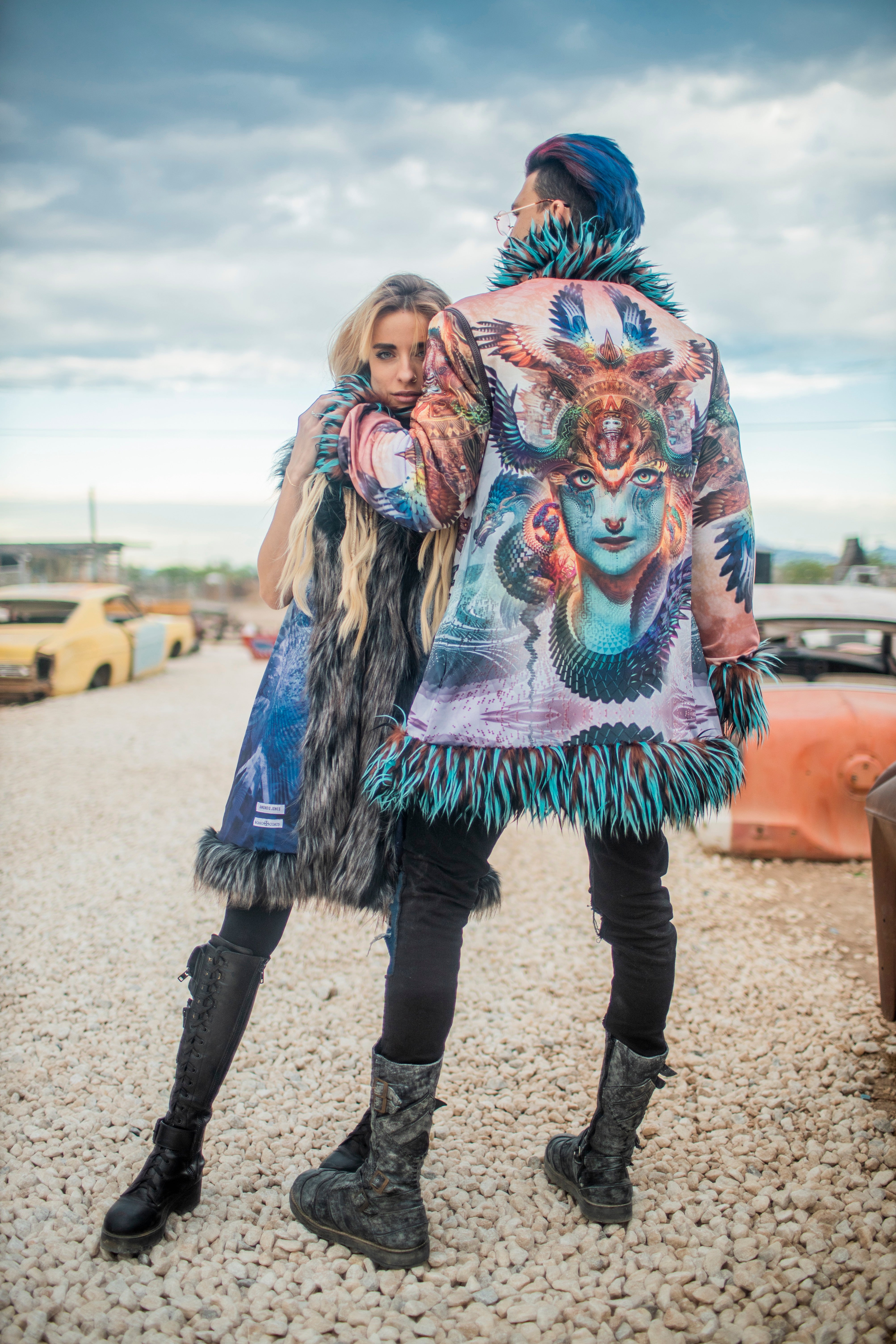 Blue Dharma Dragon - Custom Faux Fur Coat for Festivals – Boho Coats