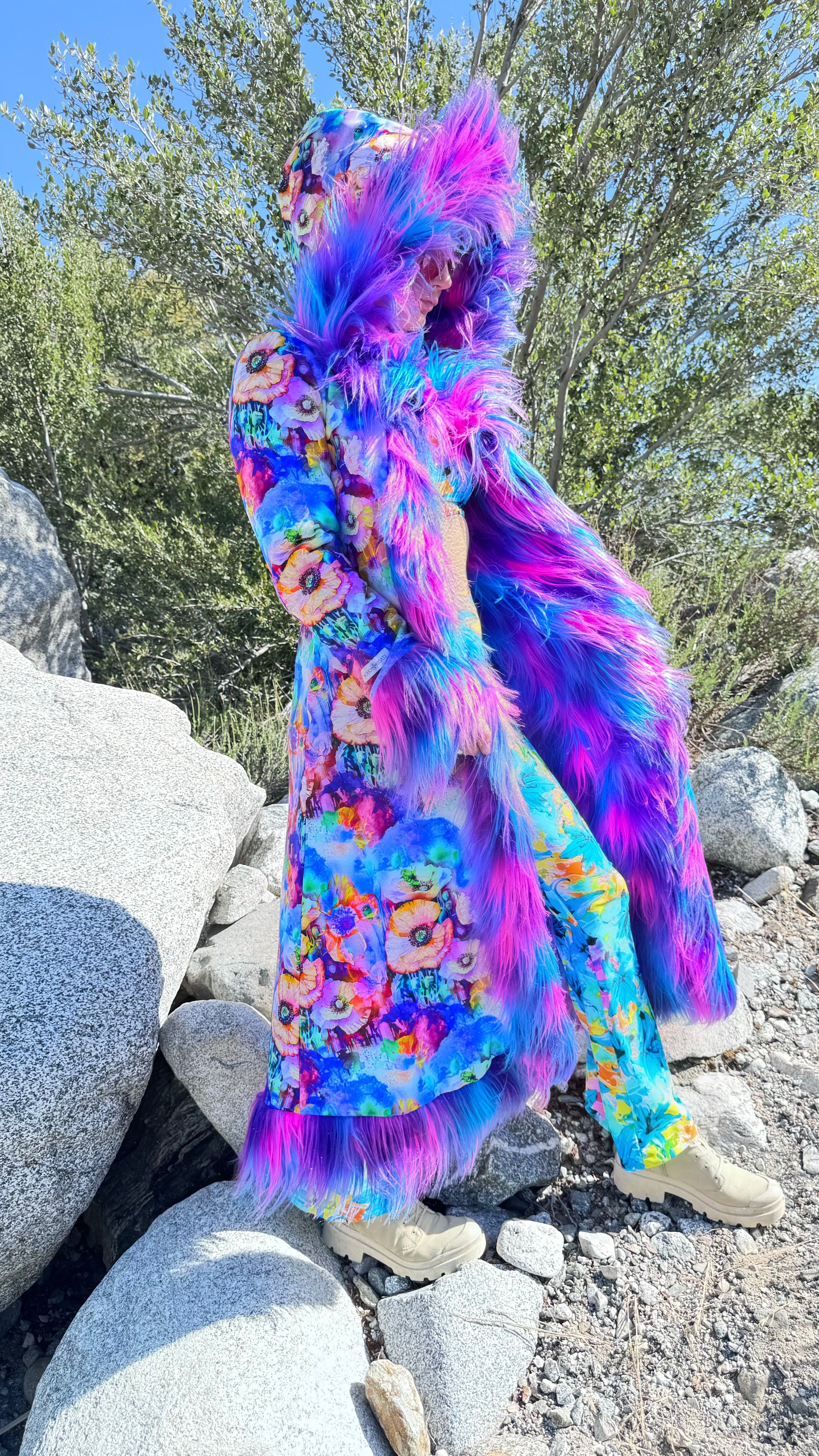 Electric Daisy Coat Neon Faux Fur Coat for Festivals Burning Man Women s Costume Bright Colors Boho Coats