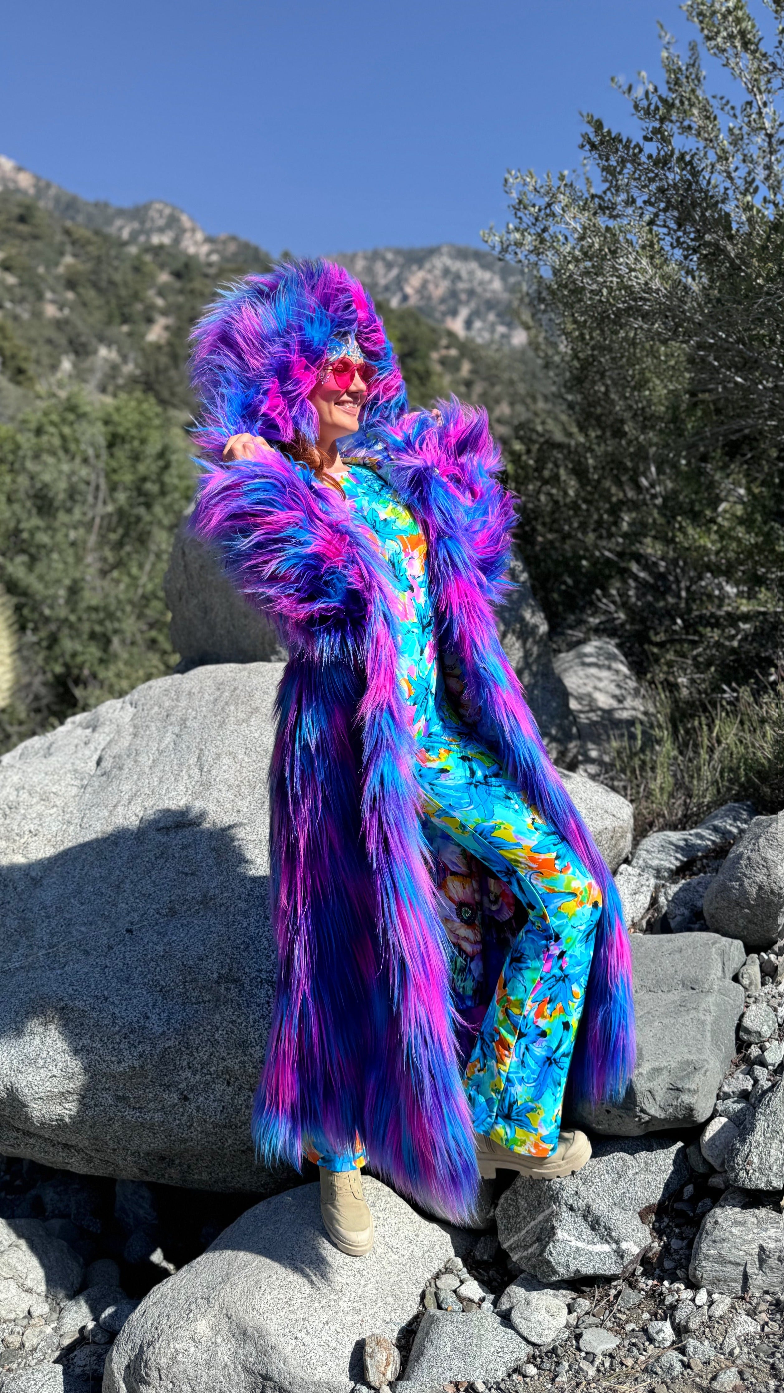 Electric Daisy Coat Neon Faux Fur Coat for Festivals Burning Man Women s Costume Bright Colors Boho Coats