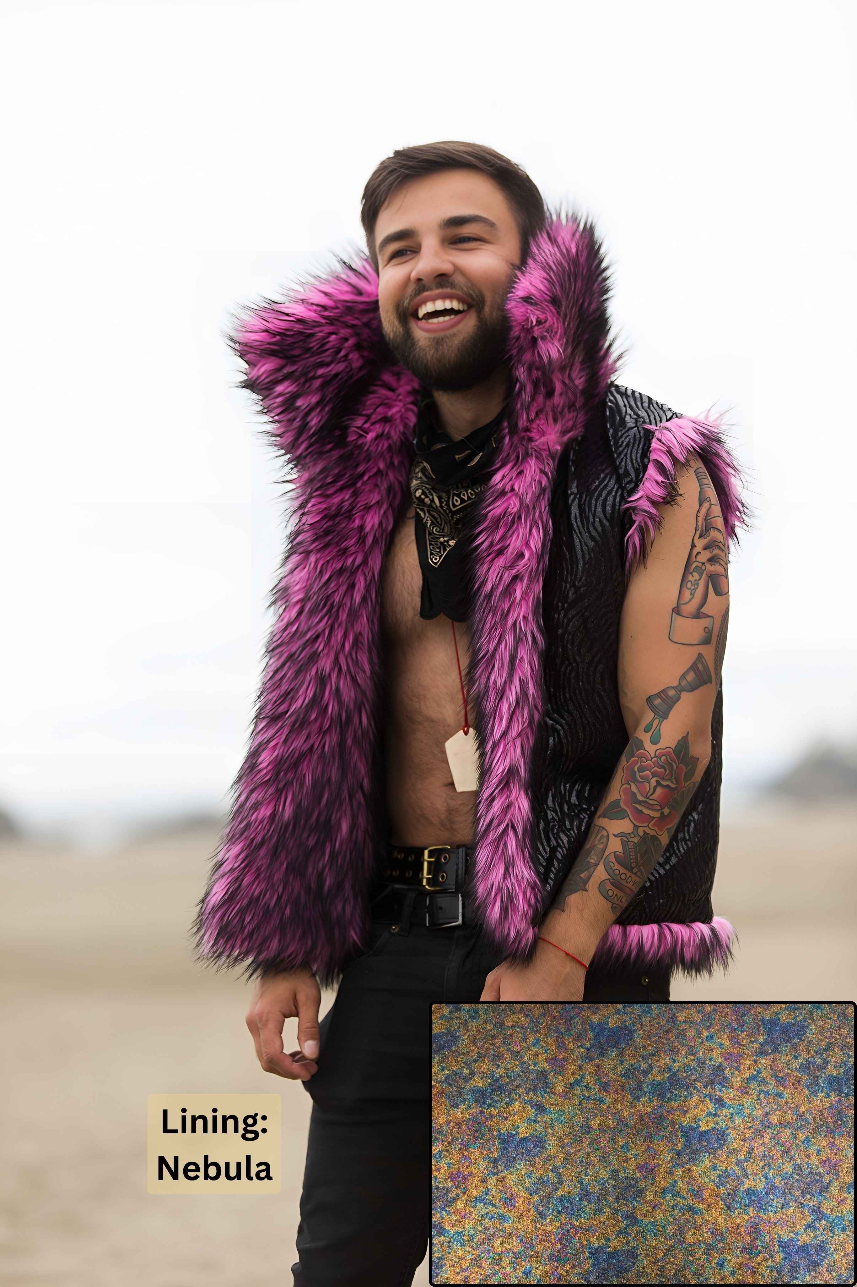 Pink Panther Faux Fur Vest for Festivals Burning Man Boho Coats