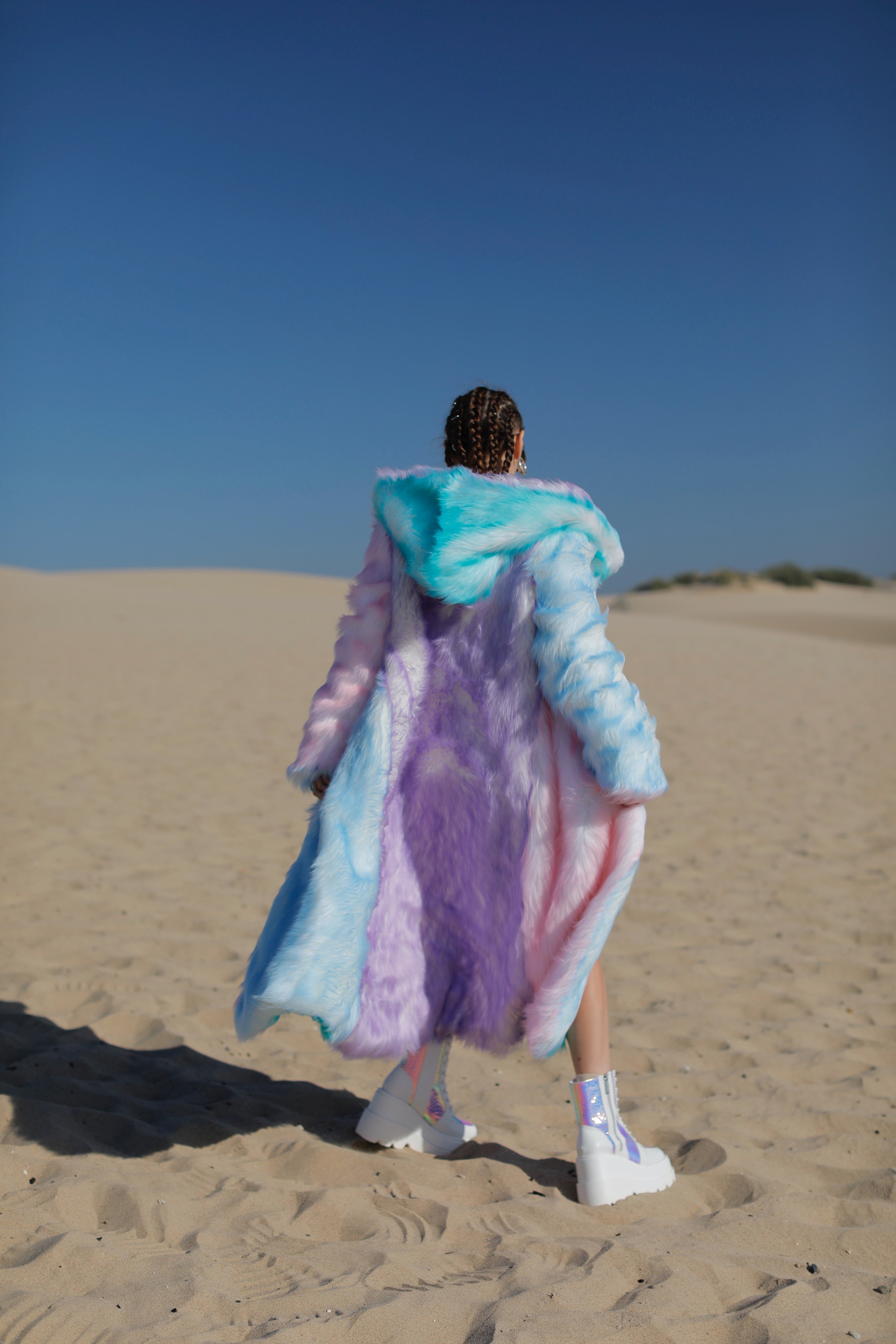 Caribbean Sunrise Faux Fur Coat - Reversible Pastel Pink, Blue
