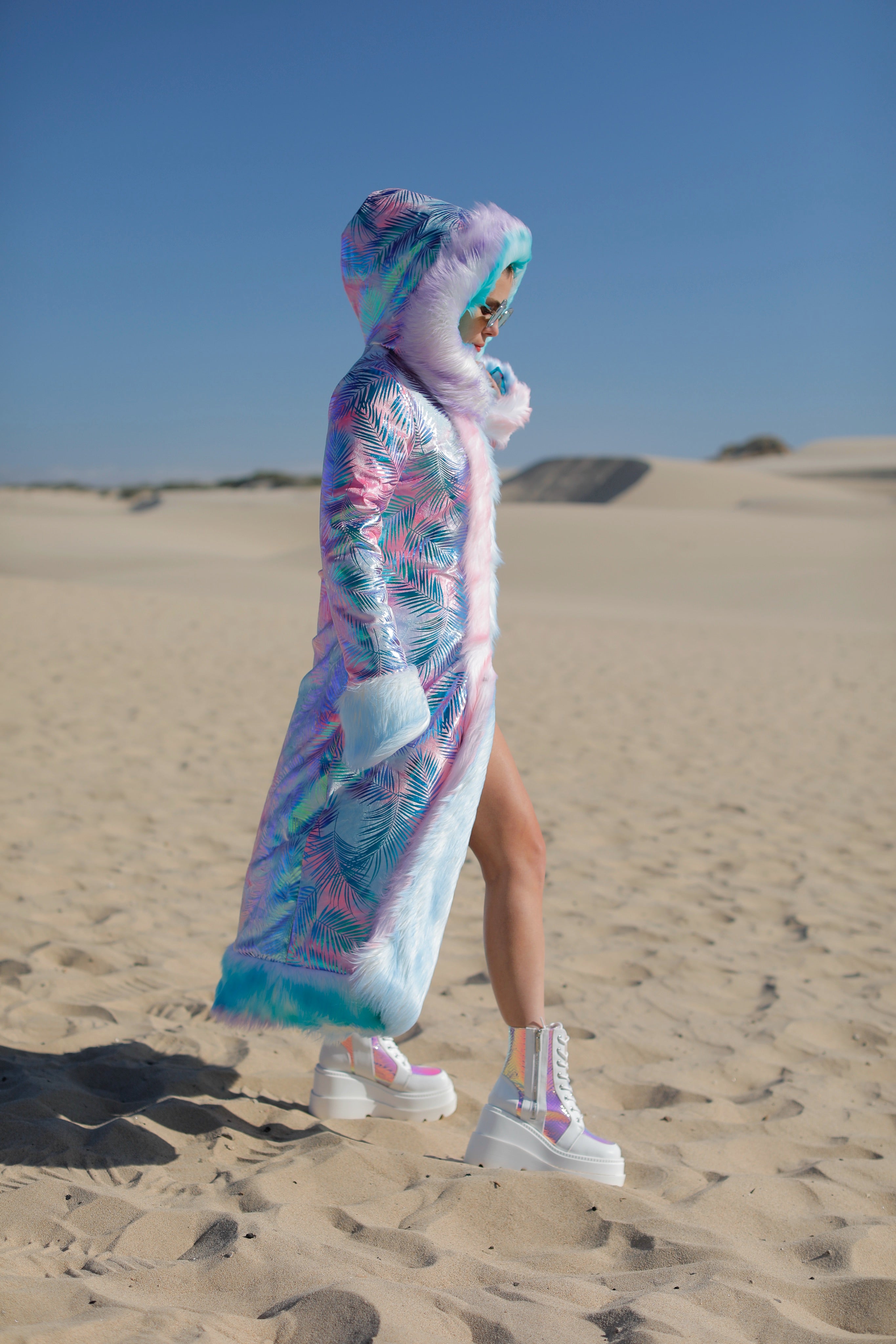 Caribbean Sunrise Faux Fur Coat - Reversible Pastel Pink, Blue