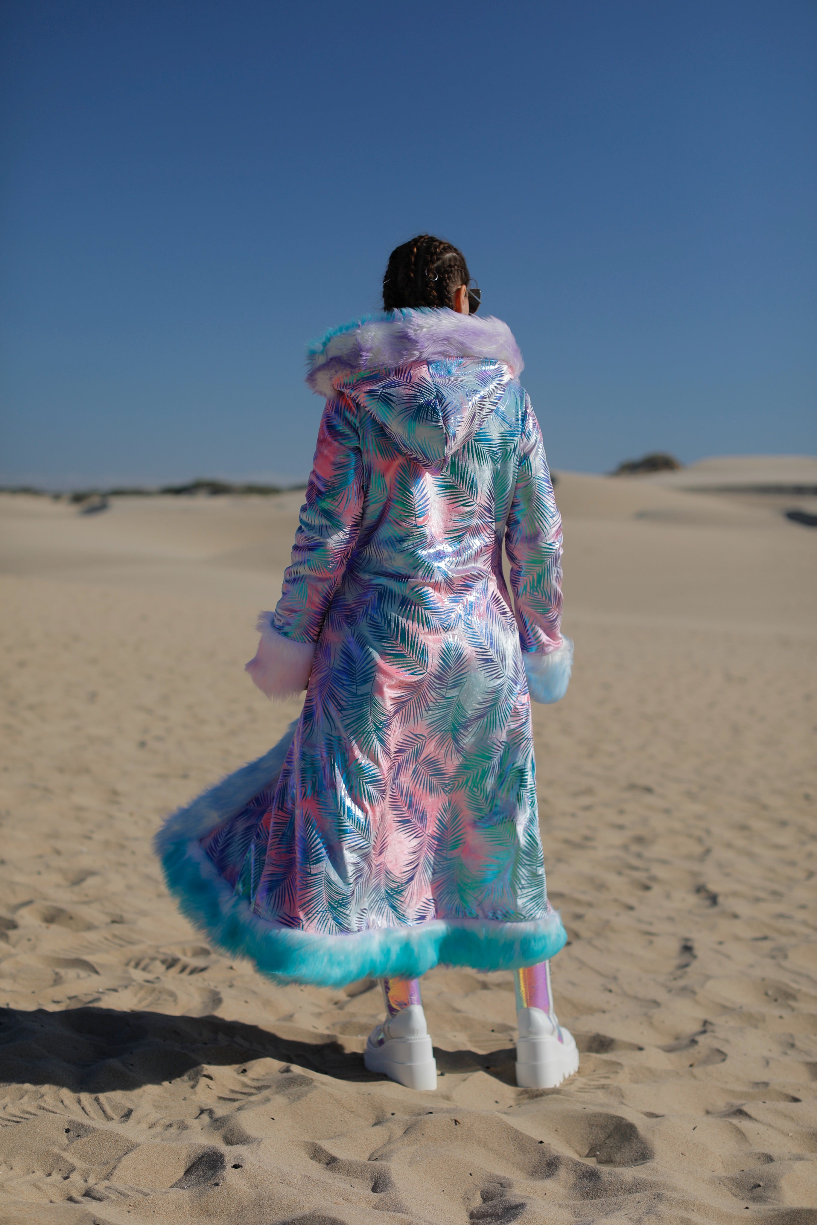 Caribbean Sunrise Faux Fur Coat - Reversible Pastel Pink, Blue