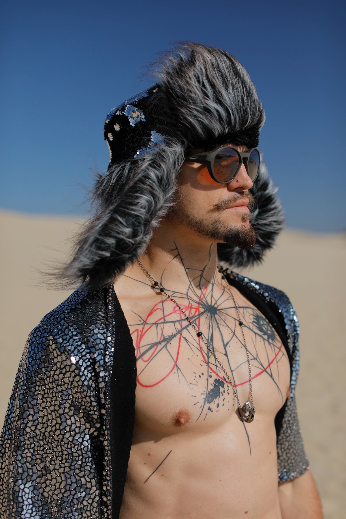 Silver Festival Burning Men Hat (Military, Rave) Amazon.com: ILOVEMASKS Silver Rhinestones Festival Burning  main image 2